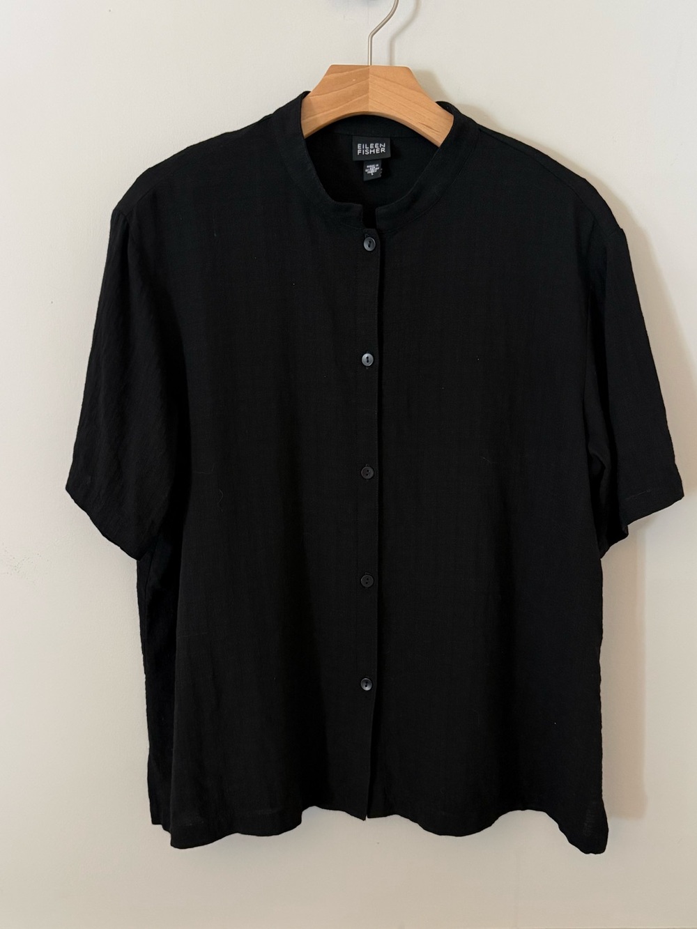 Eileen Fisher Italian fabric viscose linen mix band collar short sleeve. L